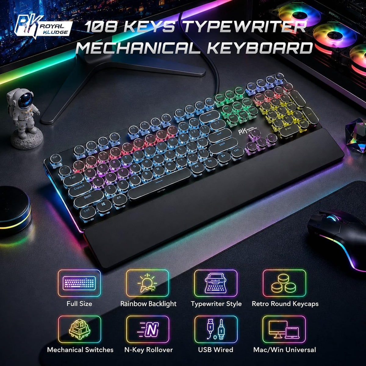RK ROYAL KLUDGE S108 - Teclado mecánico de máquina de escribir, tec...