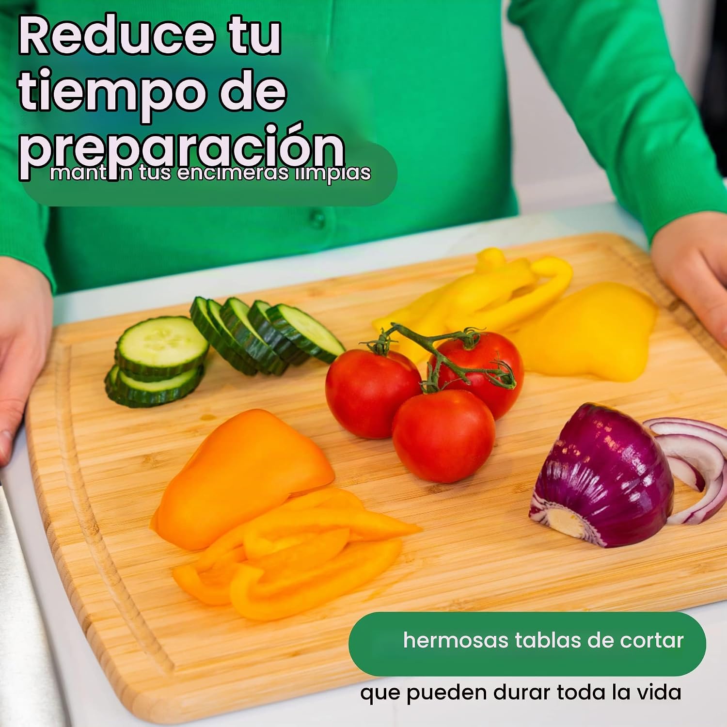 GREENER CHEF Tabla de Cortar de Bambú de 15 Pulgadas con Reemplazos...