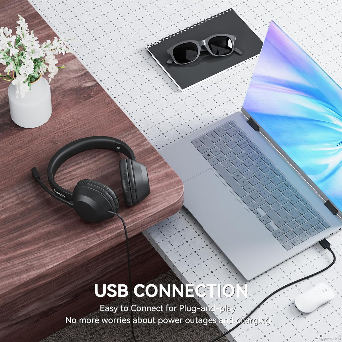 LEVN Auriculares con cable e inalámbricos: auriculares USB para PC...