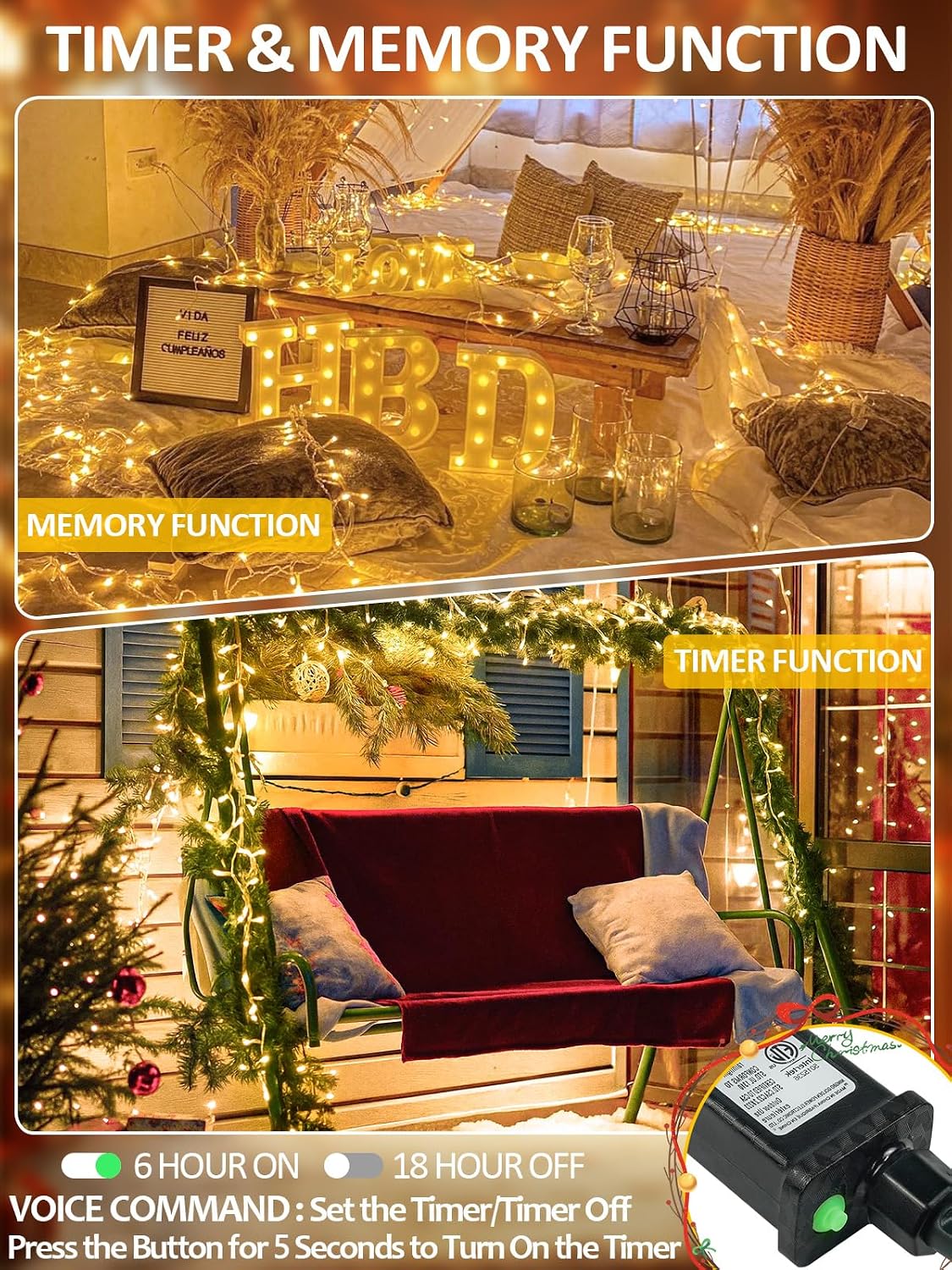 200 luces LED para árbol de Navidad con control por voz/botón para...