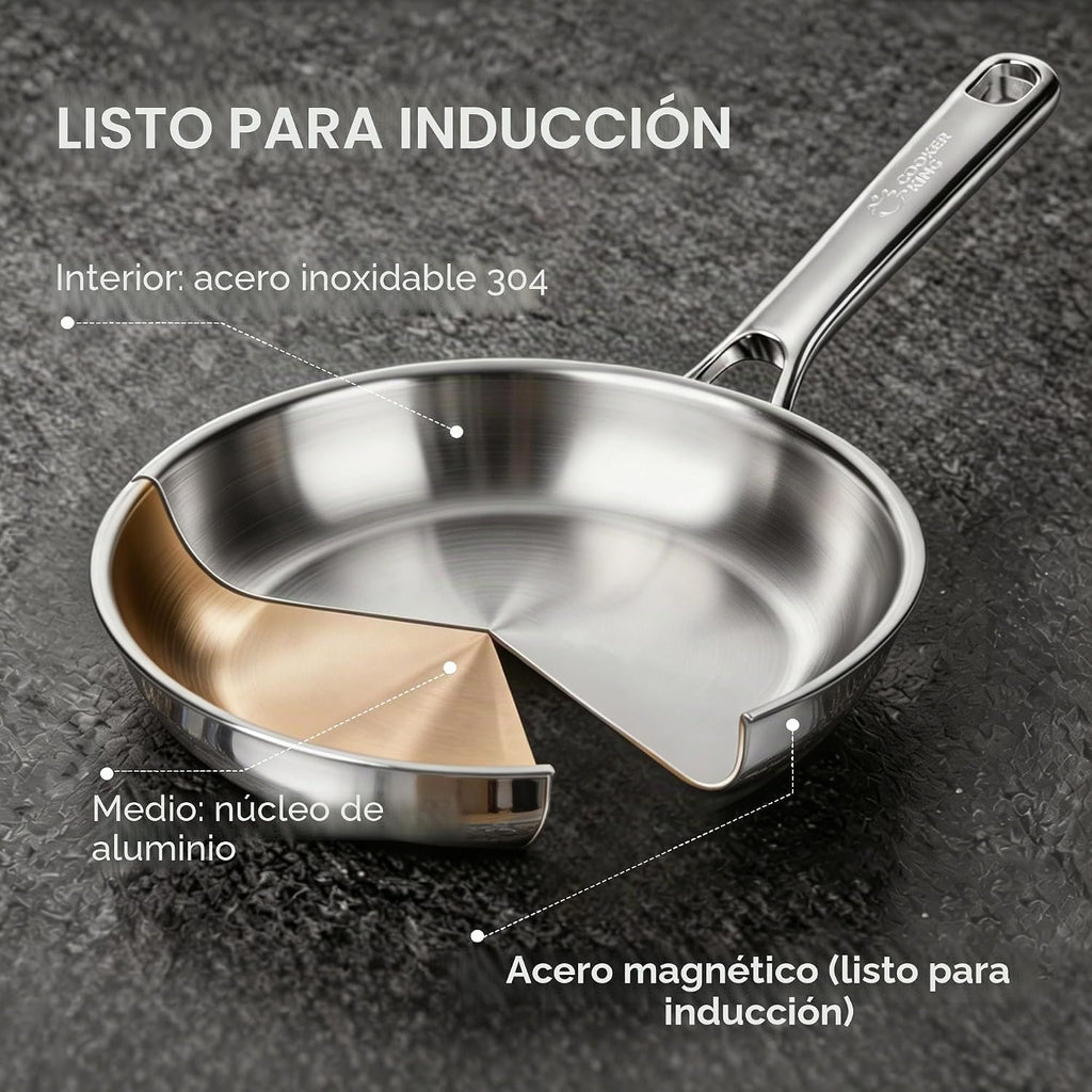 COOKER KING Sartén de acero inoxidable de 12 pulgadas, sartén grand...