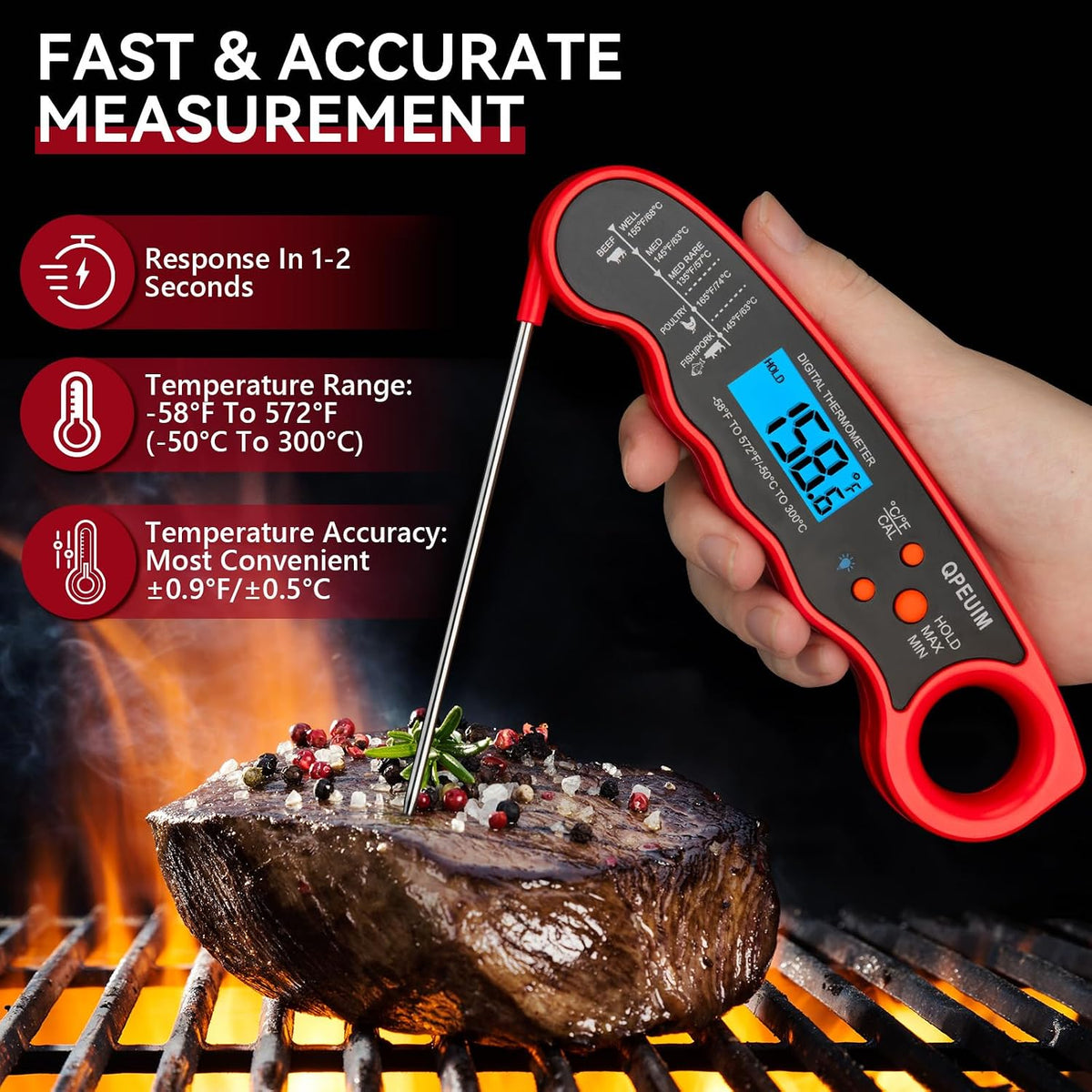 QPEUIM Termómetro de carne de lectura instantánea Cocina digital pa...