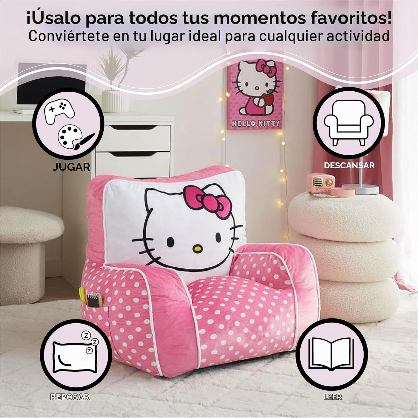 Idea Nuova Sanrio Hello Kitty - Puf relleno de espuma para niños, a...