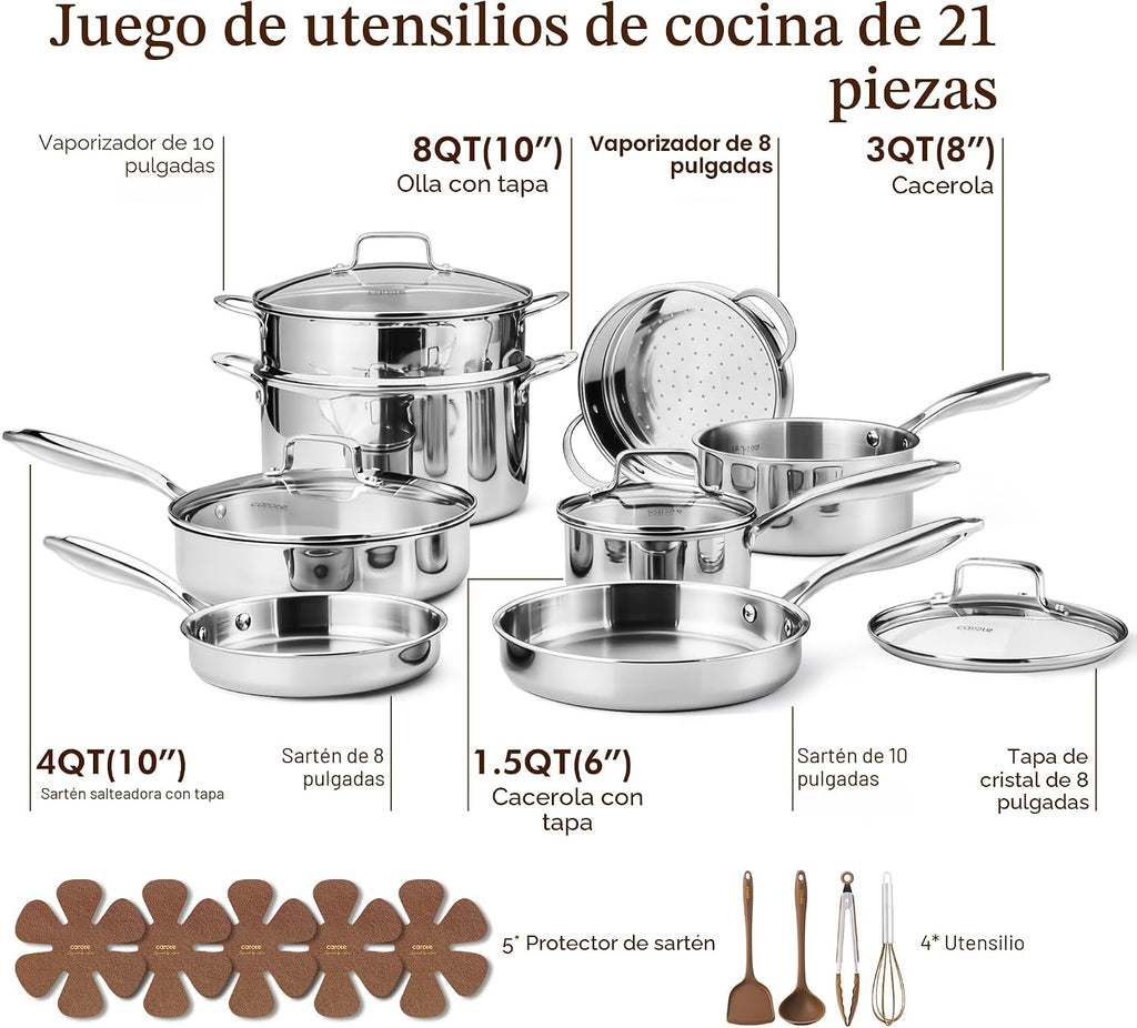 CAROTE - Juego de 21 utensilios de cocina de acero inoxidable de tr...