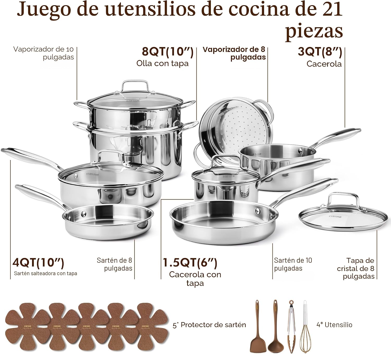 CAROTE - Juego de 21 utensilios de cocina de acero inoxidable de tr...