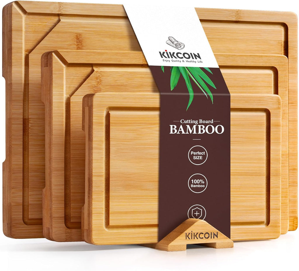 Kikcoin 3+1 tablas de cortar de bambú autodrenantes, tablas de cort...
