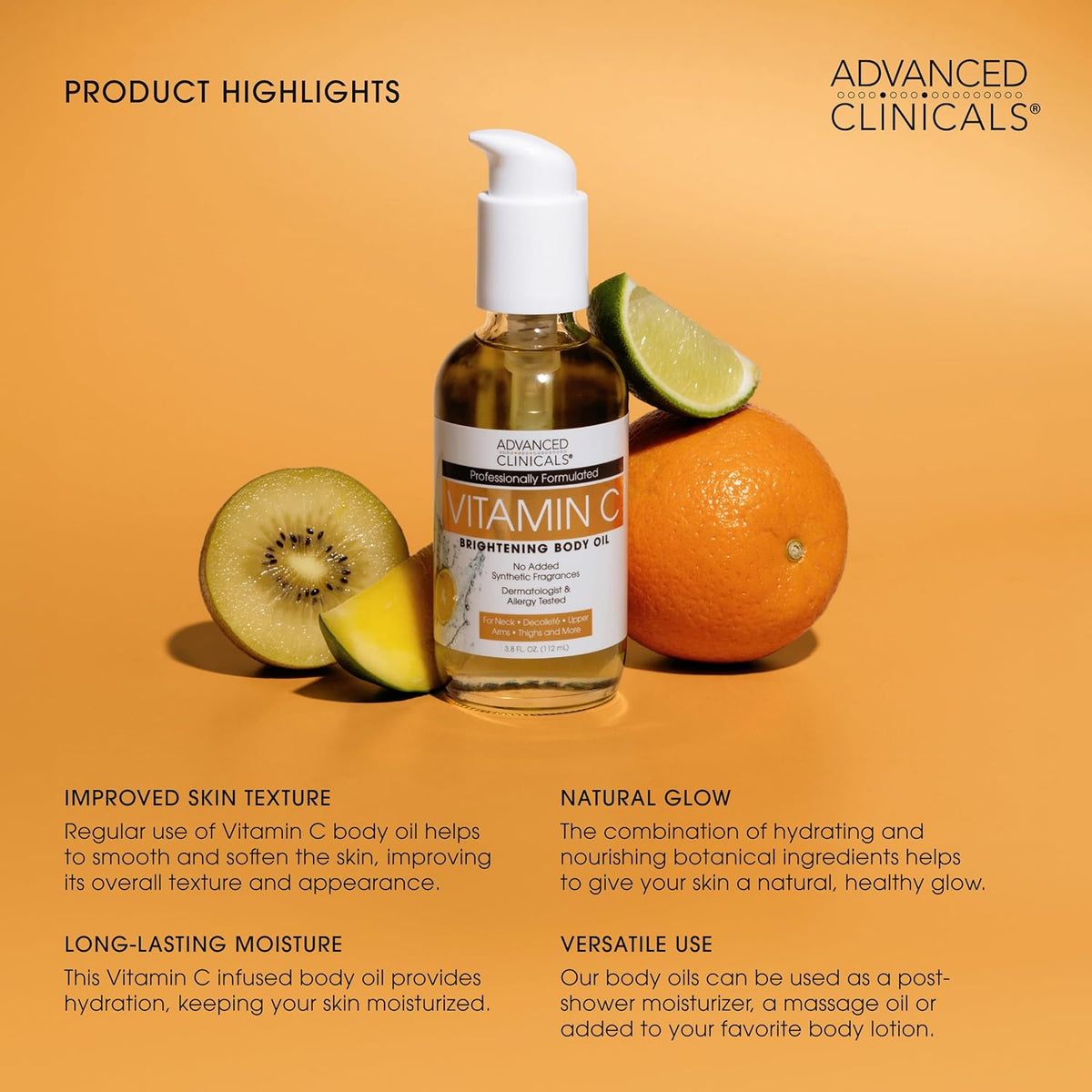 Advanced Clinicals Aceite corporal iluminador con vitamina C para m...