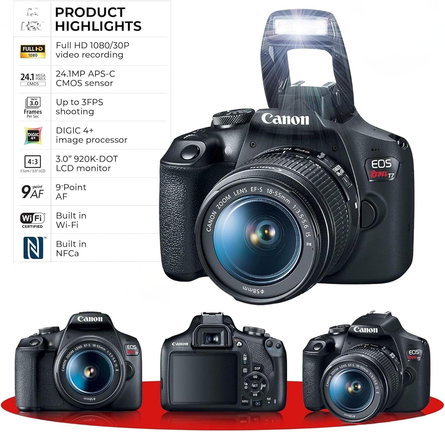 Canon EOS Rebel T7 Cámara DSLR con lente de 18-55 mm (Negro) (Renov...