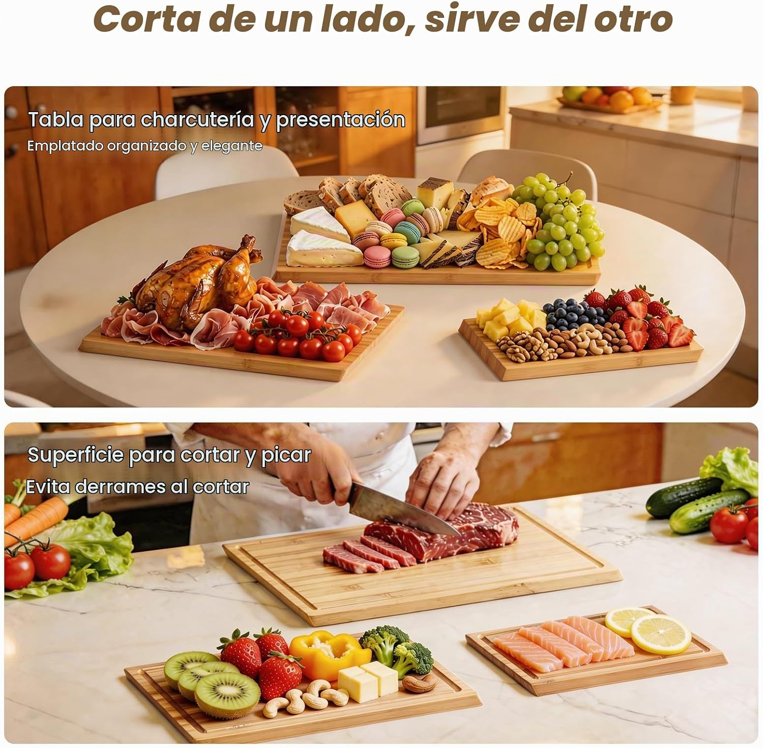 Juego de 3 tablas de cortar de bambú, tablas de cortar de madera du...