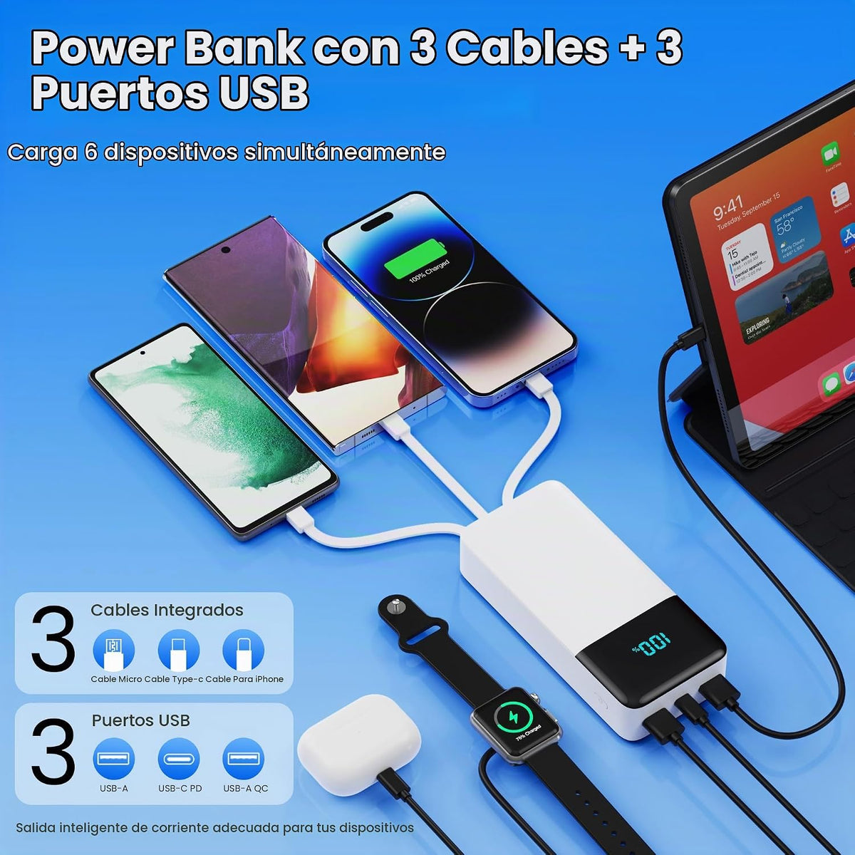 Cargador portátil de 50800 mAh con 3 cables integrados, 25 W PD QC4...