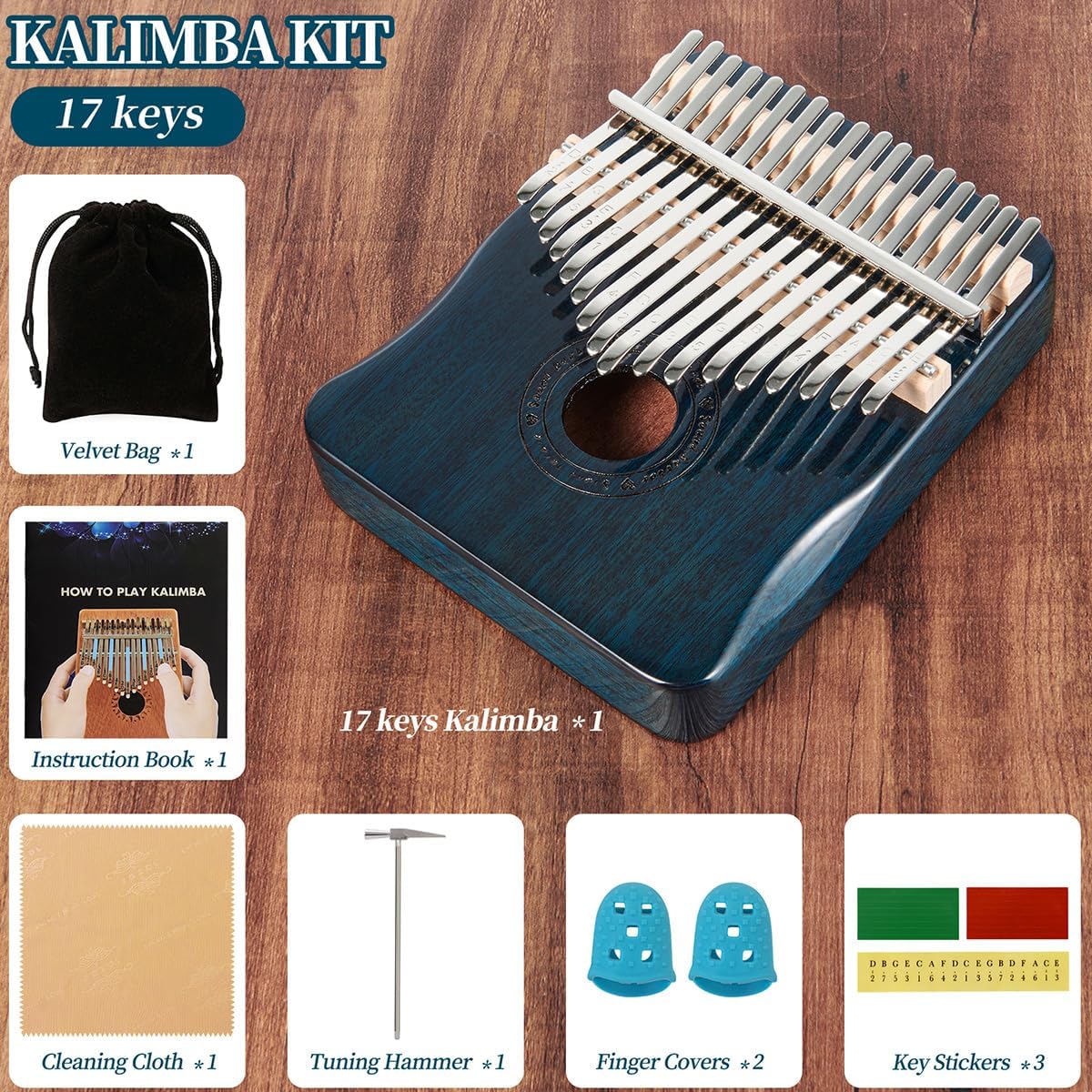 Kalimba - Piano de pulgar con 17 teclas, color azul
