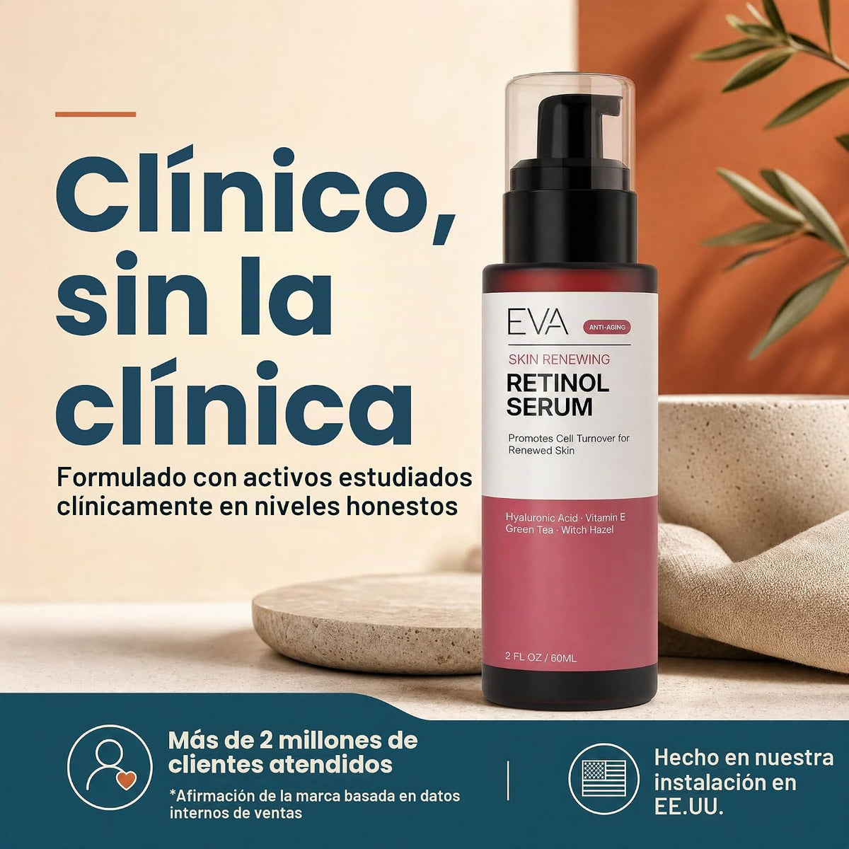 Eva Naturals Suero de retinol, ácido hialurónico y líneas finas, 2...