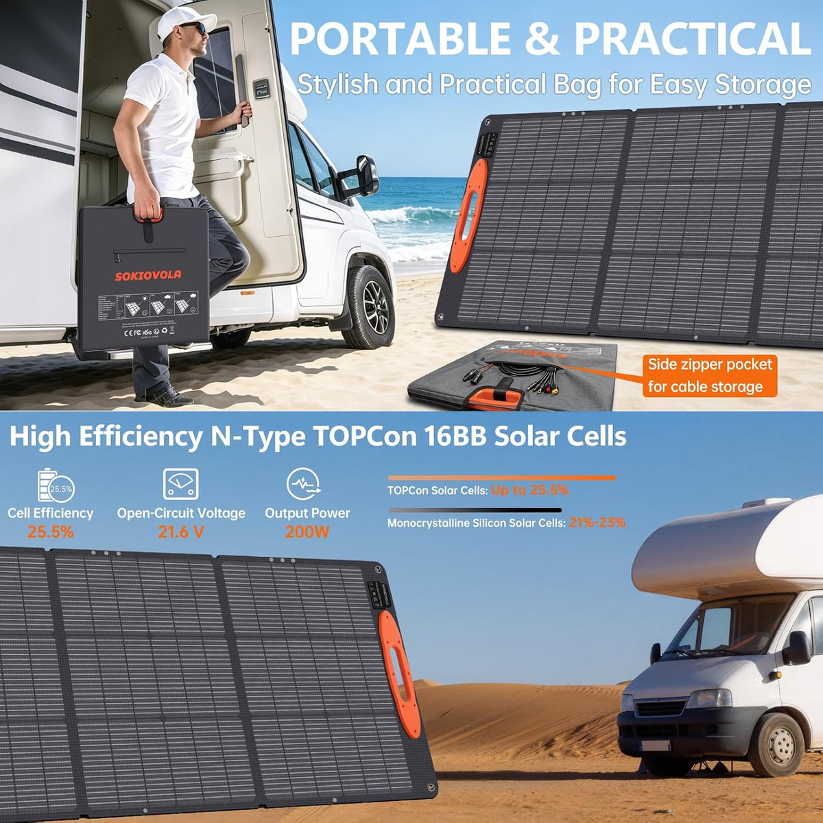 SOKIOVOLA N-Type 16BB 200W Panel solar portátil para EF\/Jackery\/B...