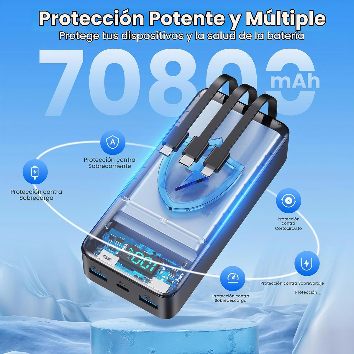 Cargador portátil de 70800 mAh con 3 cables incorporados, 25 W PD U...