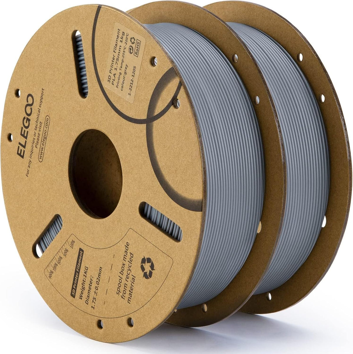 ELEGOO Filamento PLA 1.75mm Gris 2KG, Filamento para Impresora 3D c...