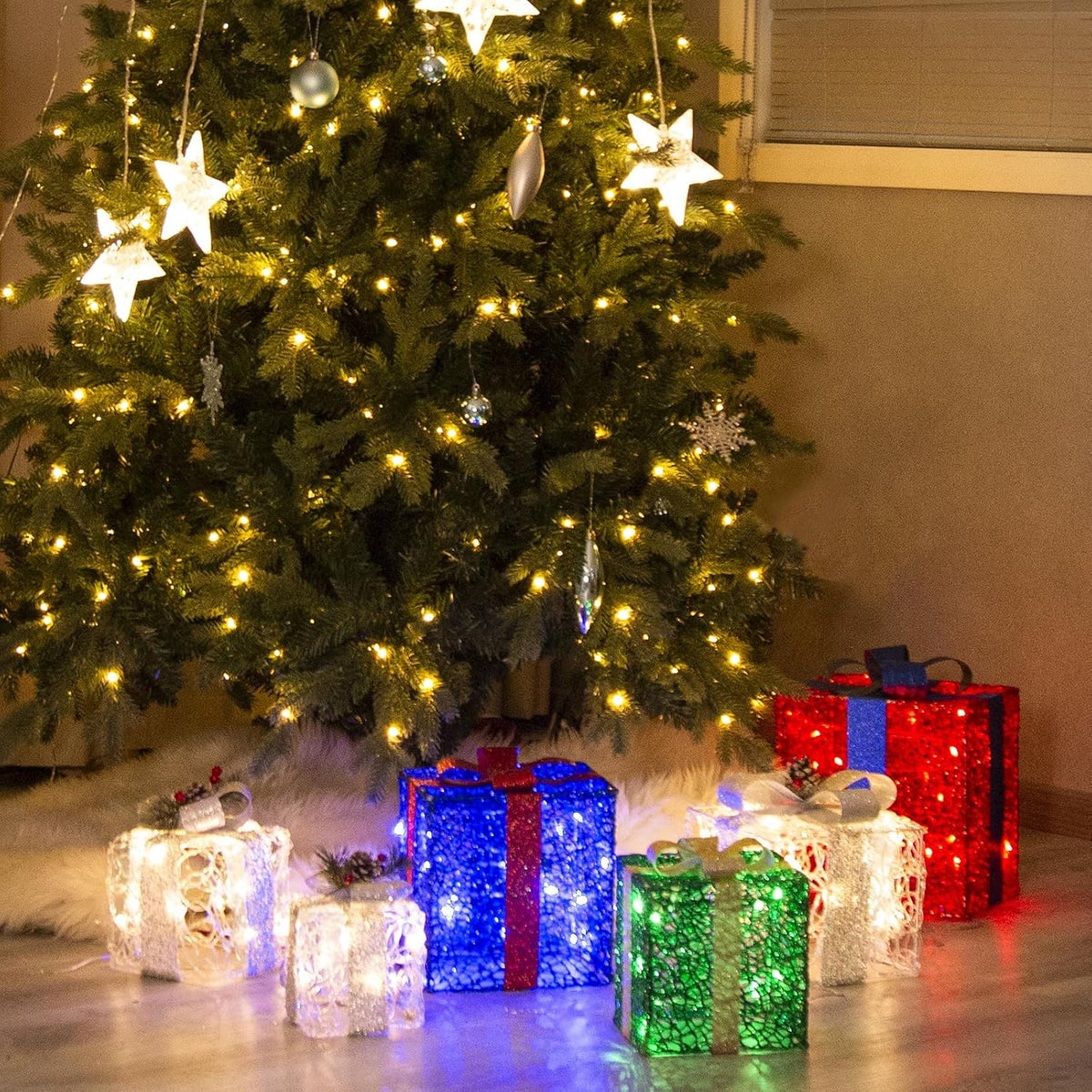 PEIDUO Cajas de regalo iluminadas de Navidad, juego de 3, decoracio...