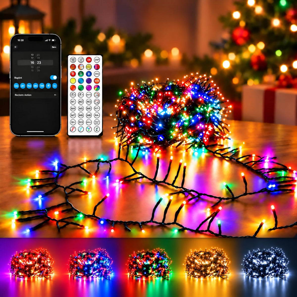Luces de racimo de Navidad inteligentes, aplicación multicolor\/luc...