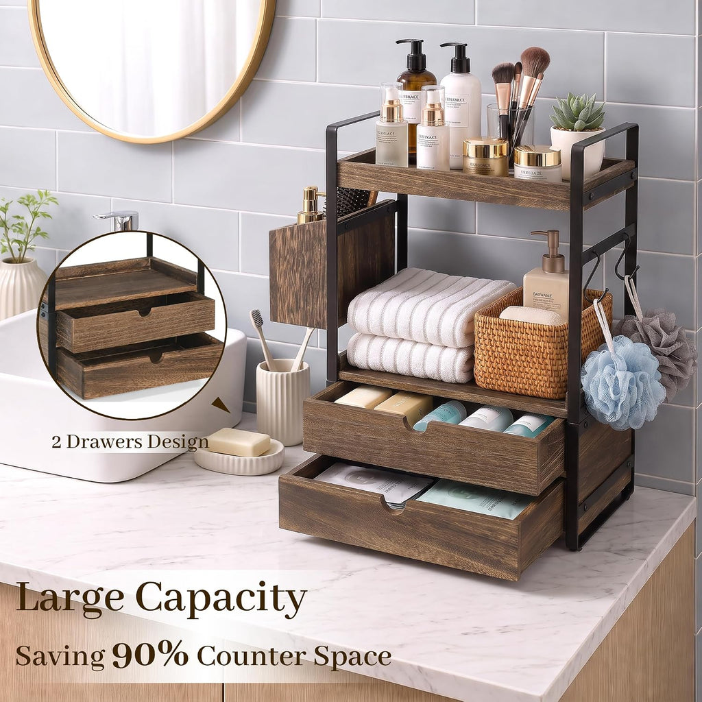 Organizador de encimera de baño de 2 niveles con 2 cajones, cesta y...