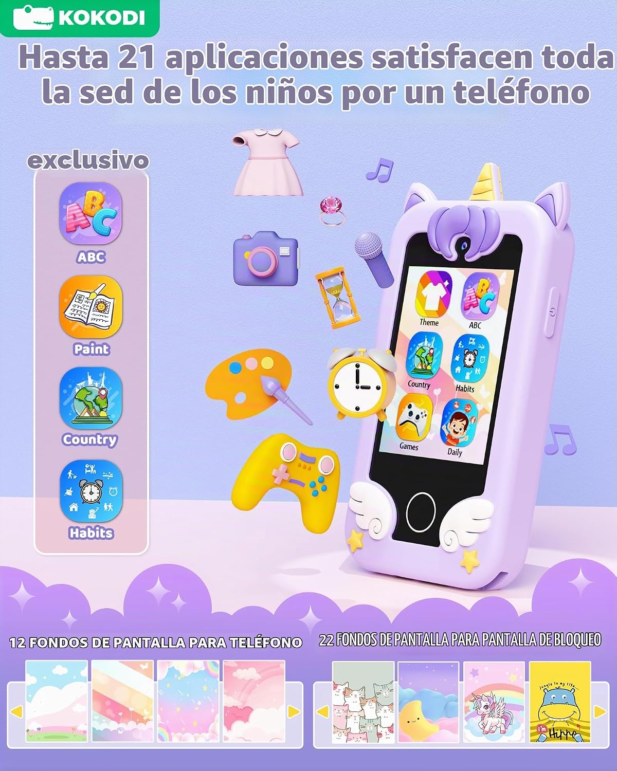 KOKODI - Teléfono inteligente para niños, pantalla táctil HD, doble...