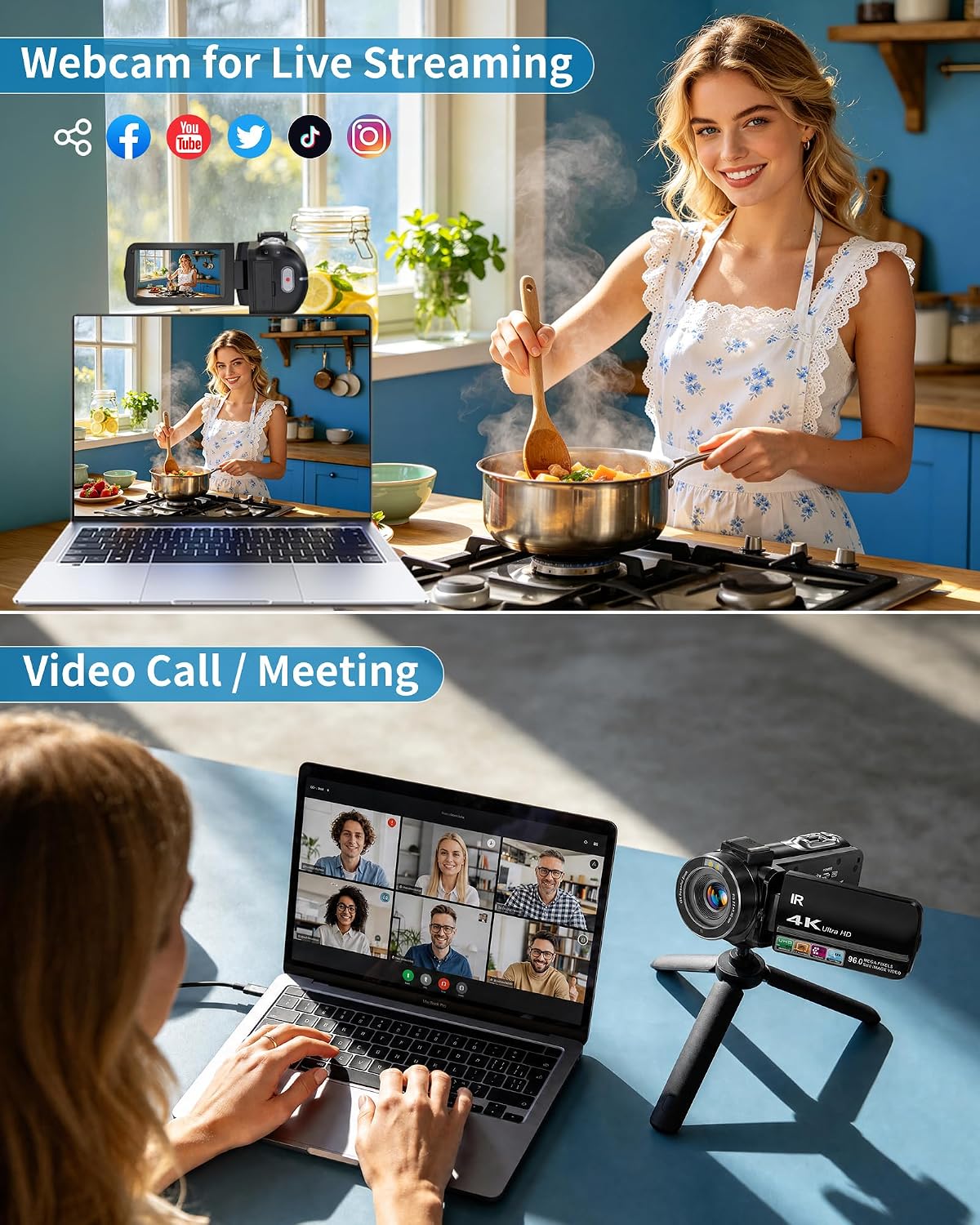 Aidzhi Cámara de video 4K Videocámara 96MP UHD Vlogging Cámara para...