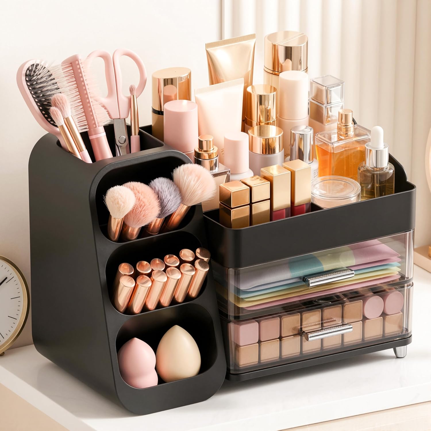 Organizador de maquillaje de gran capacidad con soporte para brocha...