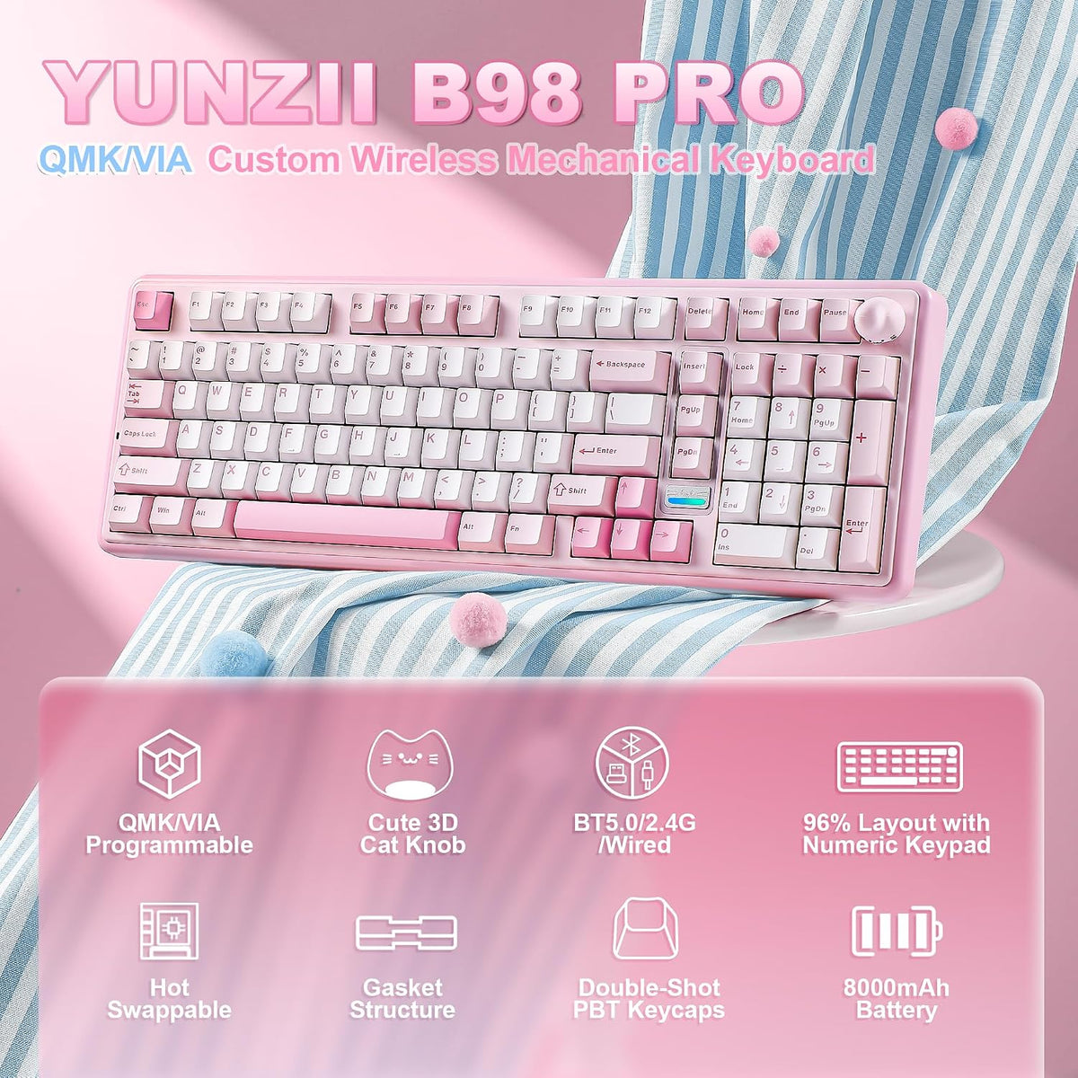YUNZII Teclado mecánico inalámbrico B98 PRO 96% (rosa, interruptor...