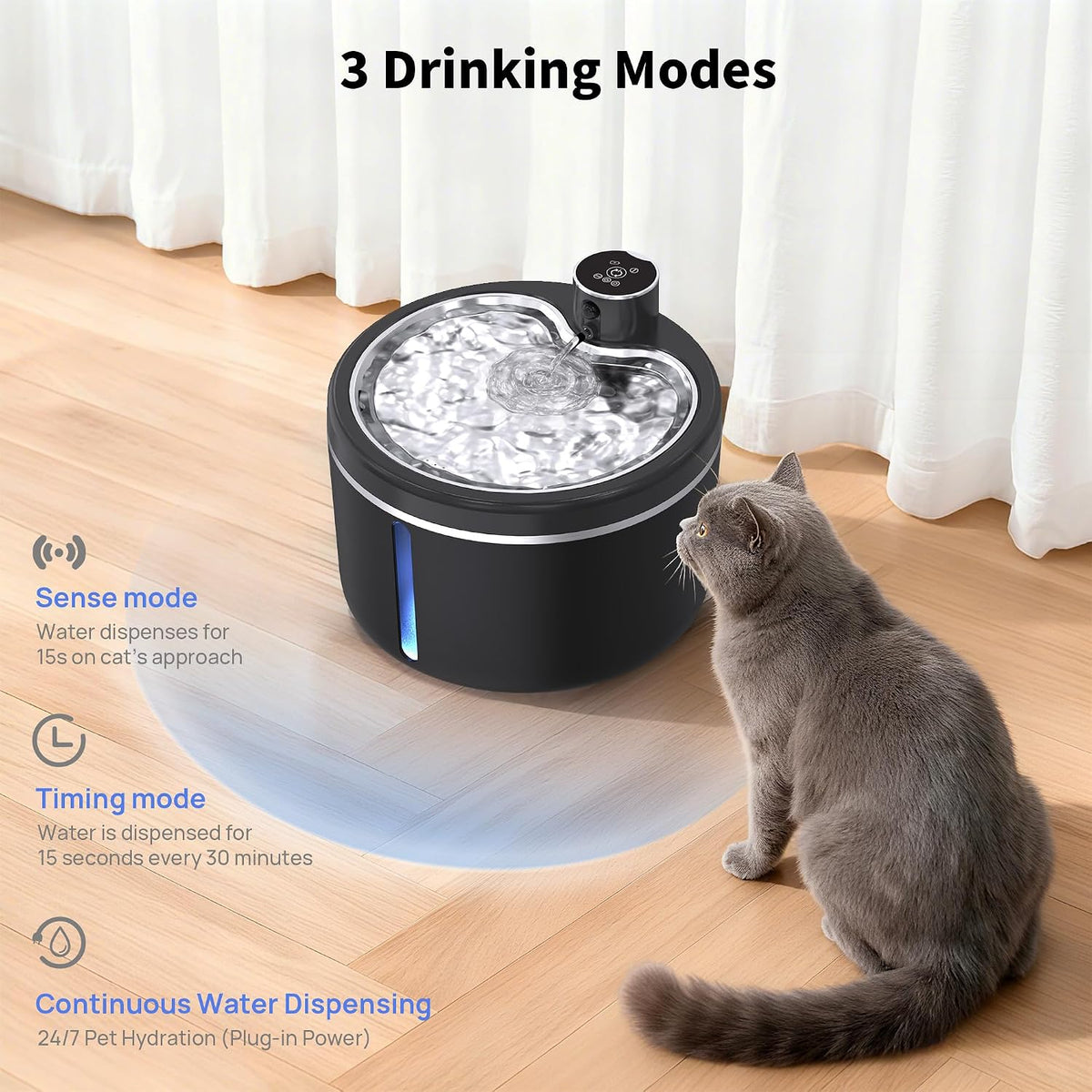 Fuente de agua para gatos sin cable, fuentes para mascotas de 108 o...