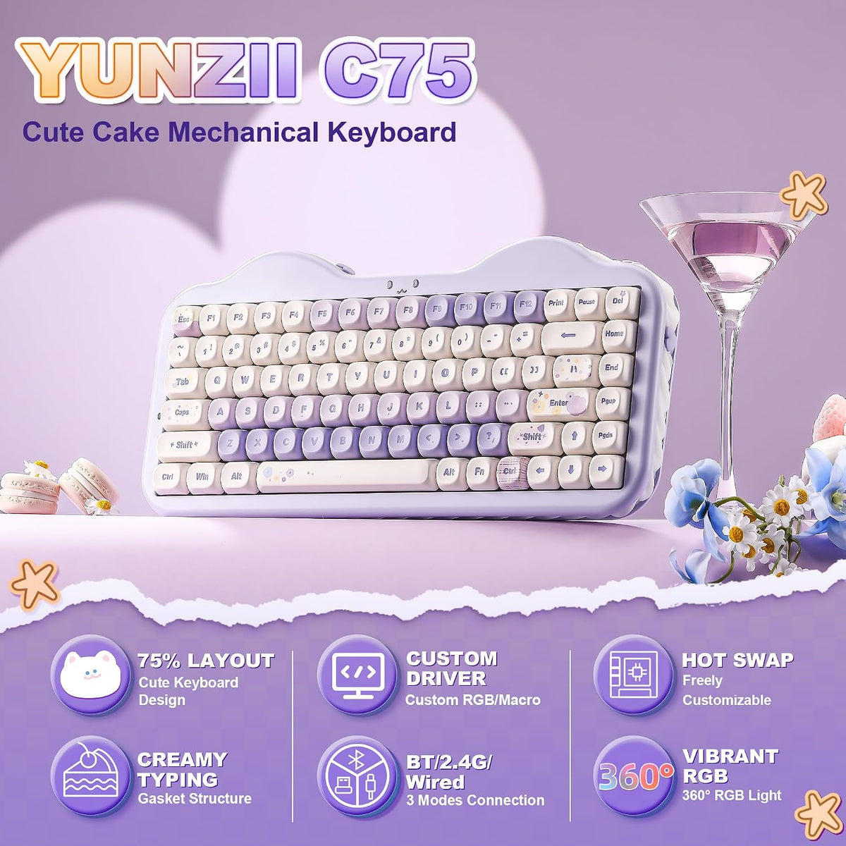YUNZII C75 Teclado mecánico inalámbrico, diseño de 75%, intercambia...
