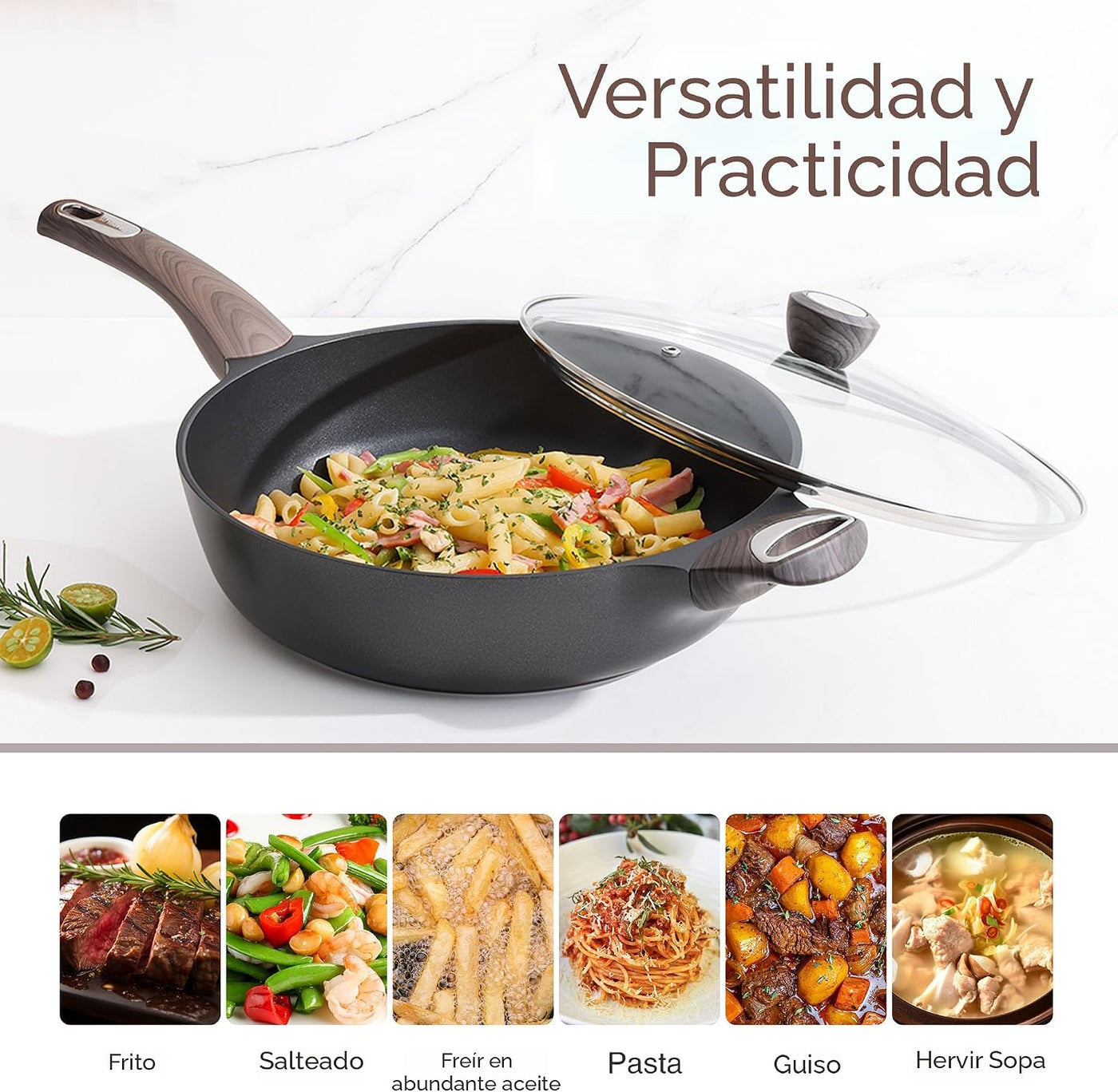 SENSARTE Sartén antiadherente con tapa, sartén profunda grande de 1...