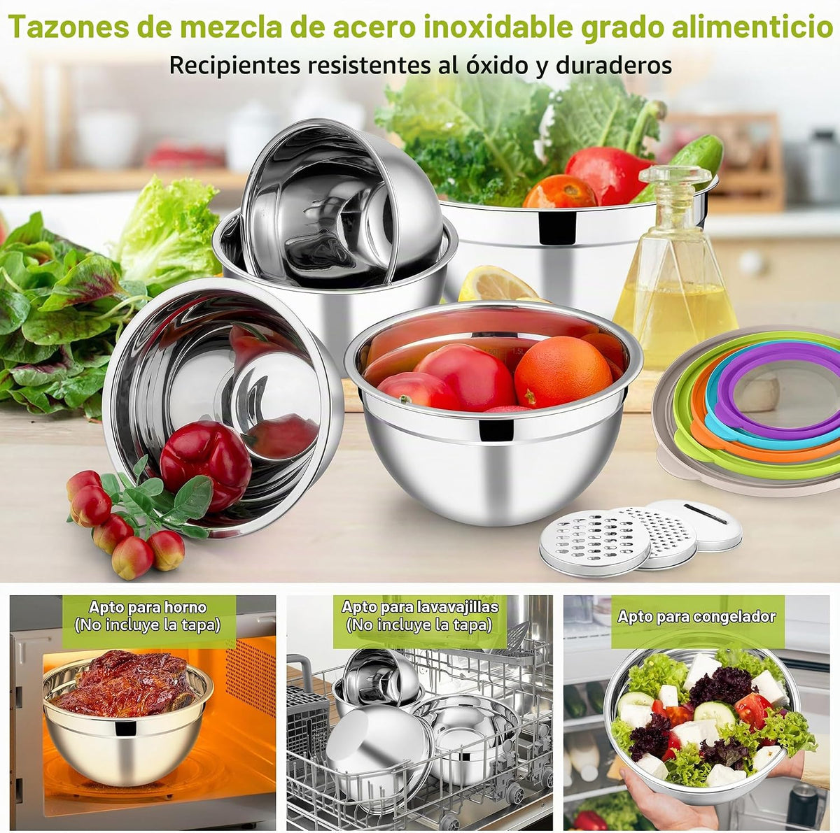 E-far - Juego de cuencos para mezclar con tapas de 5 piezas, cuenco...