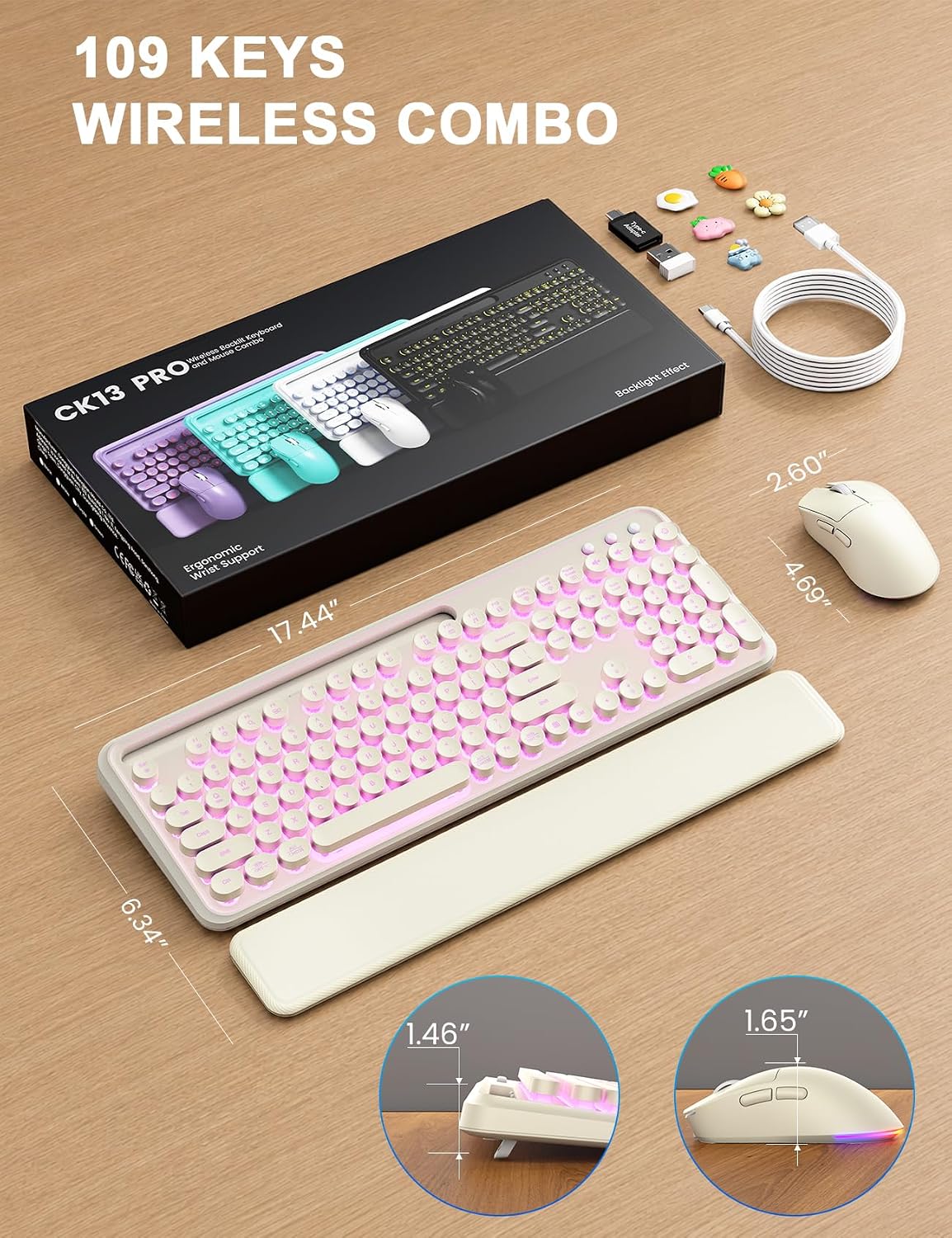 Teclado y mouse inalámbricos, máquina de escribir retroiluminada co...