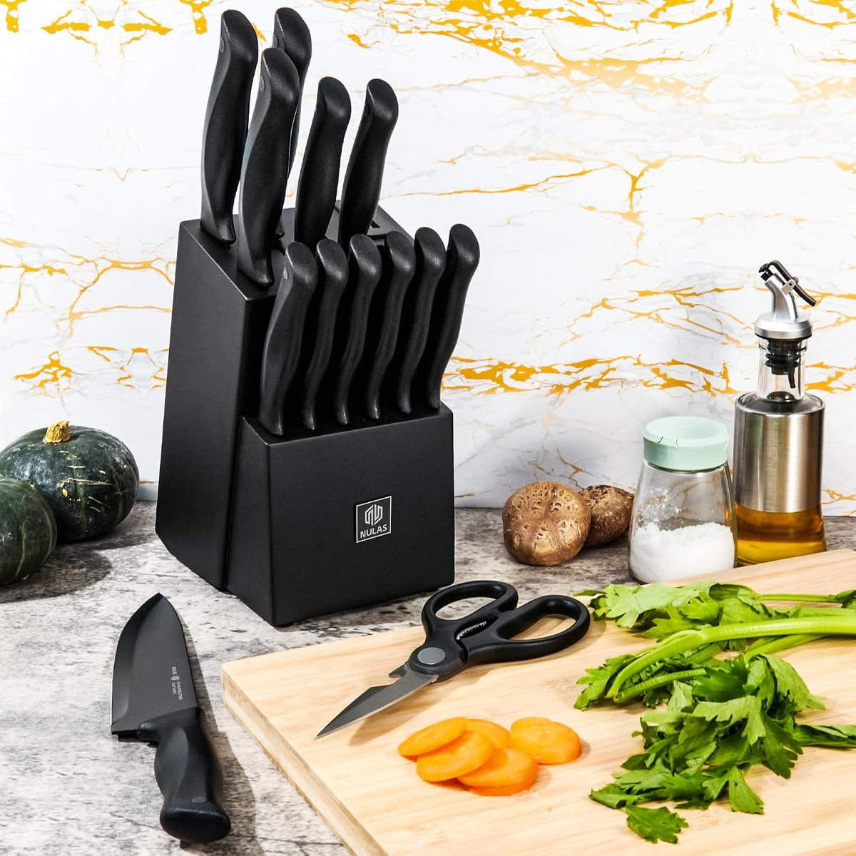 NULAS Juego de bloques de cuchillos de cocina de 15 piezas con afil...