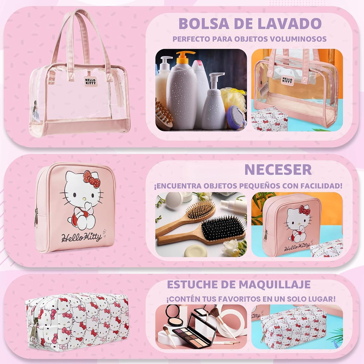 Set de bolsa de aseo y maquillaje Hello Kitty de 3 piezas para muje...