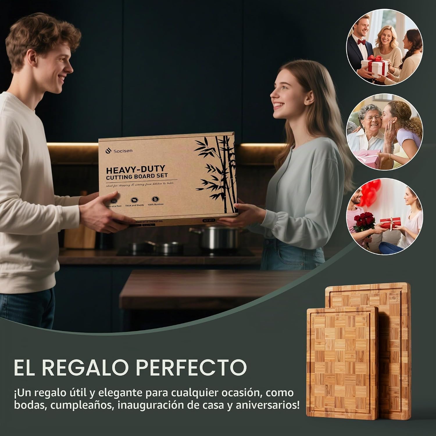 Juego de 2 tablas de cortar de bambú resistentes antideslizantes so...