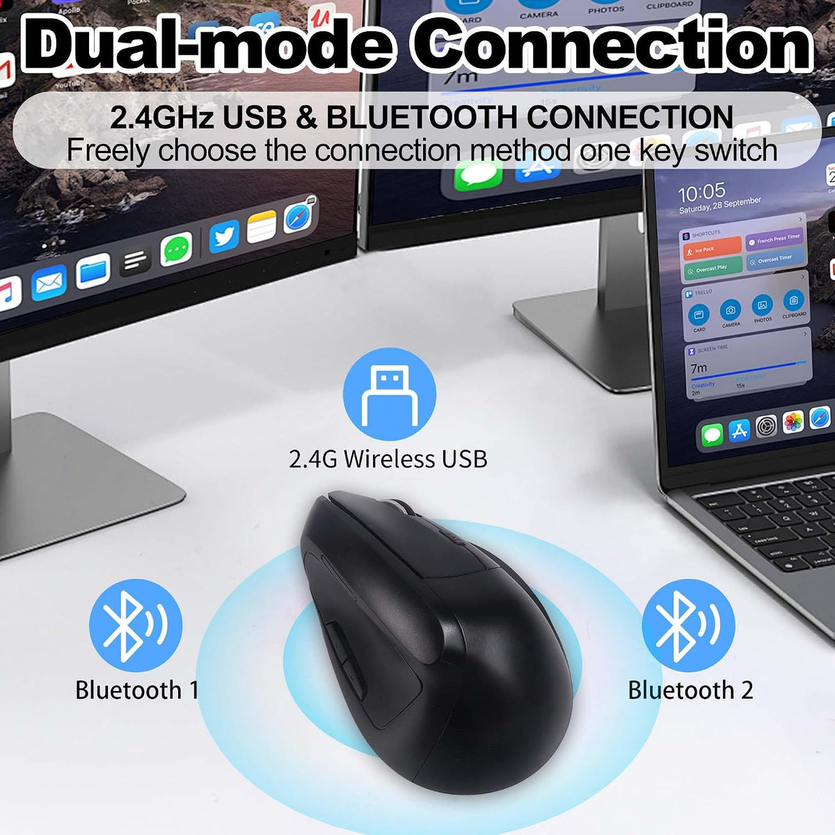 Ratón inalámbrico Bluetooth, ergonómico, vertical, recargable, sile...