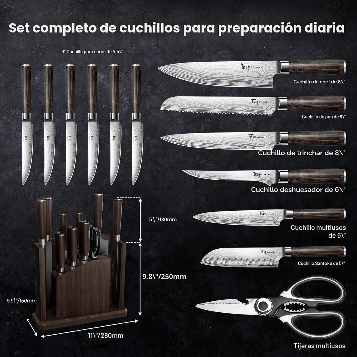SYOKAMI Juego de cuchillos de cocina de 15 piezas con bloque magnét...