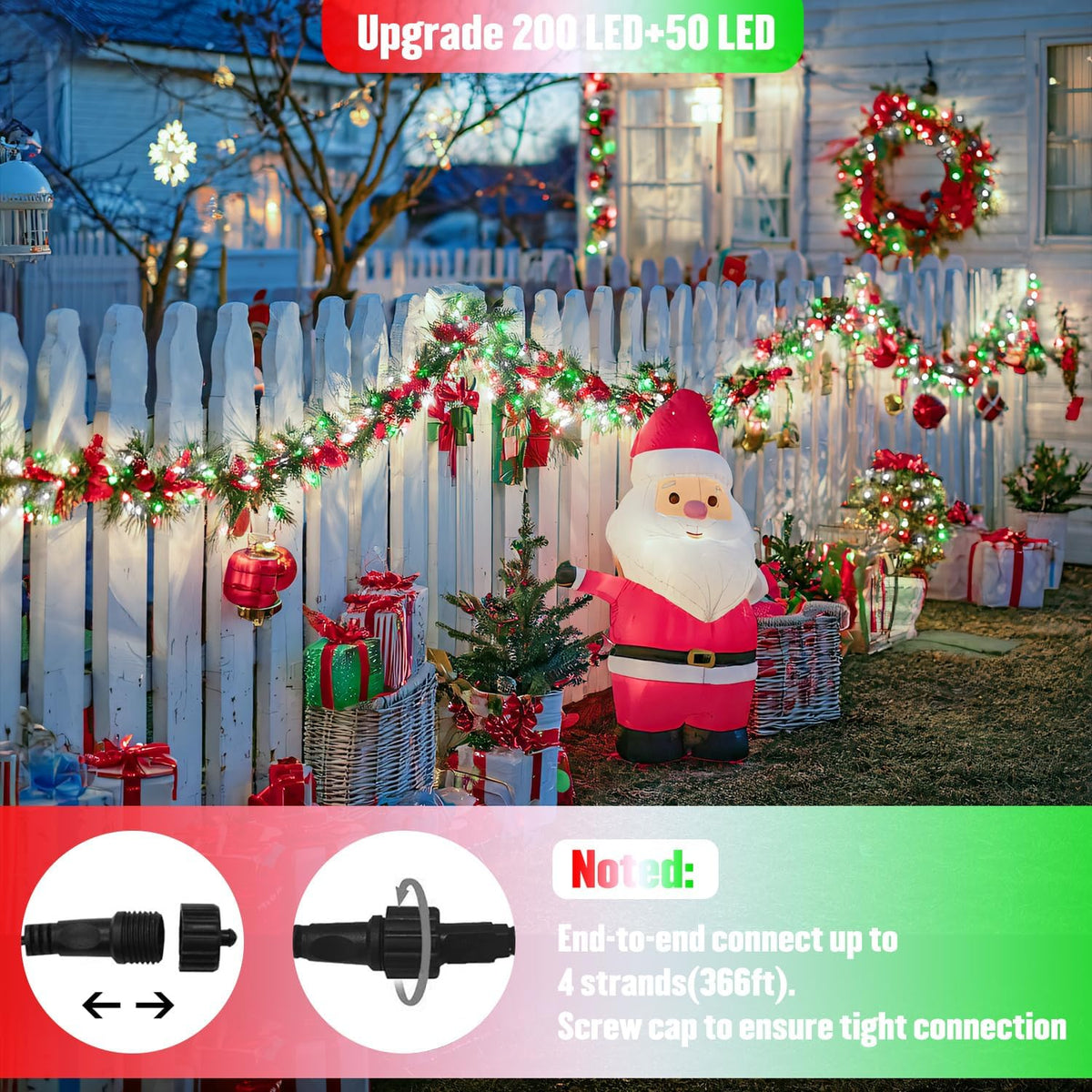 JMEXSUSS 250 luces LED rojas, blancas y verdes de Navidad impermeab...