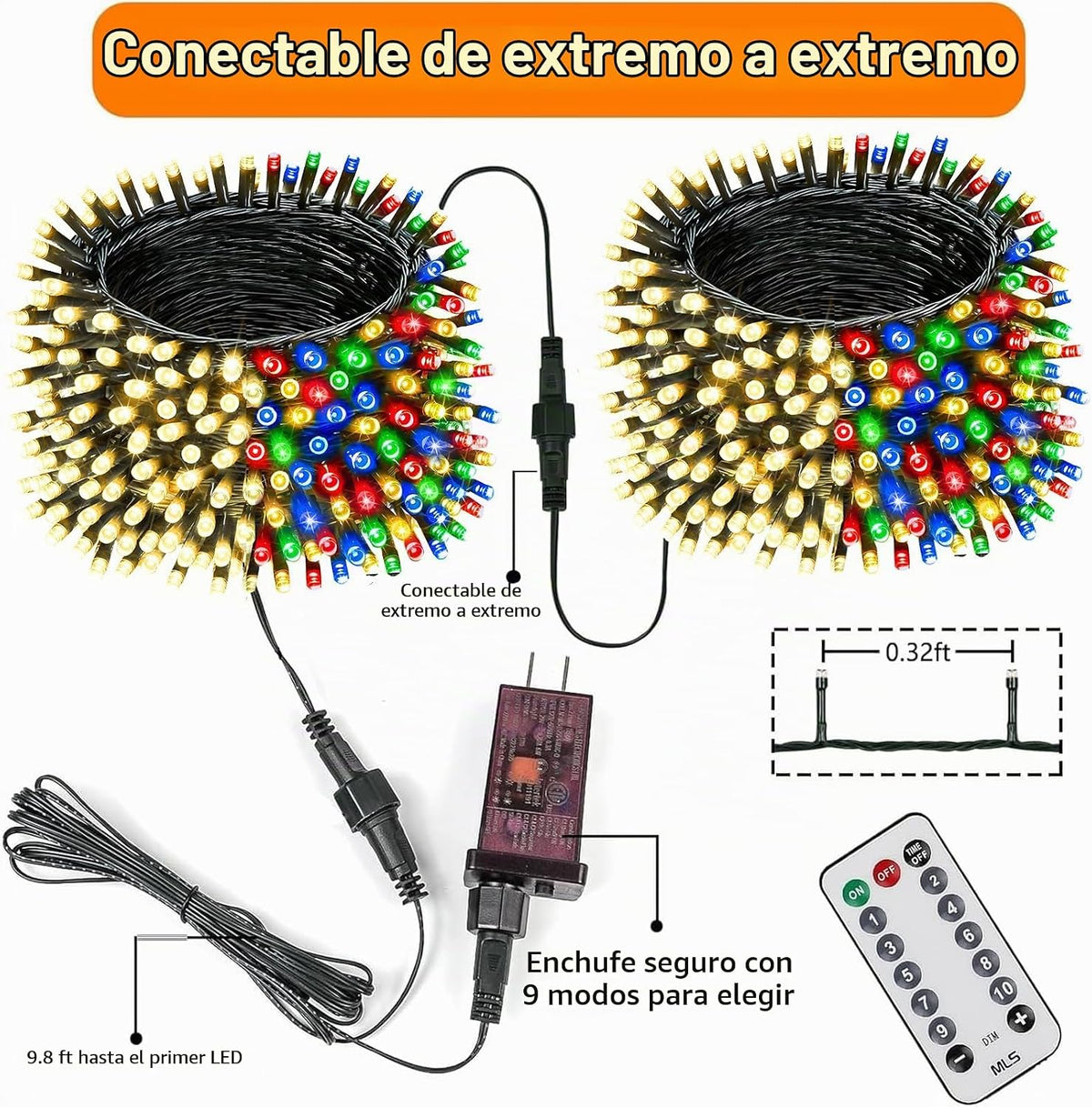 Luz navideña que cambia de color conectable de 75,8 pies con tempor...