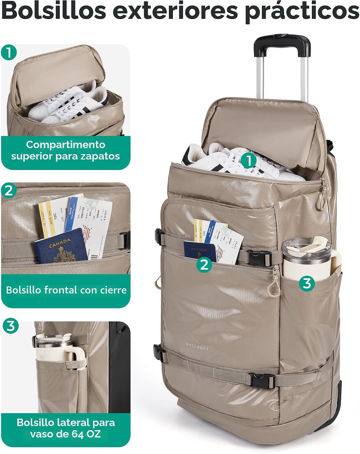 BAGSMART - Bolsa de lona con ruedas, bolsa de viaje para hombres, r...