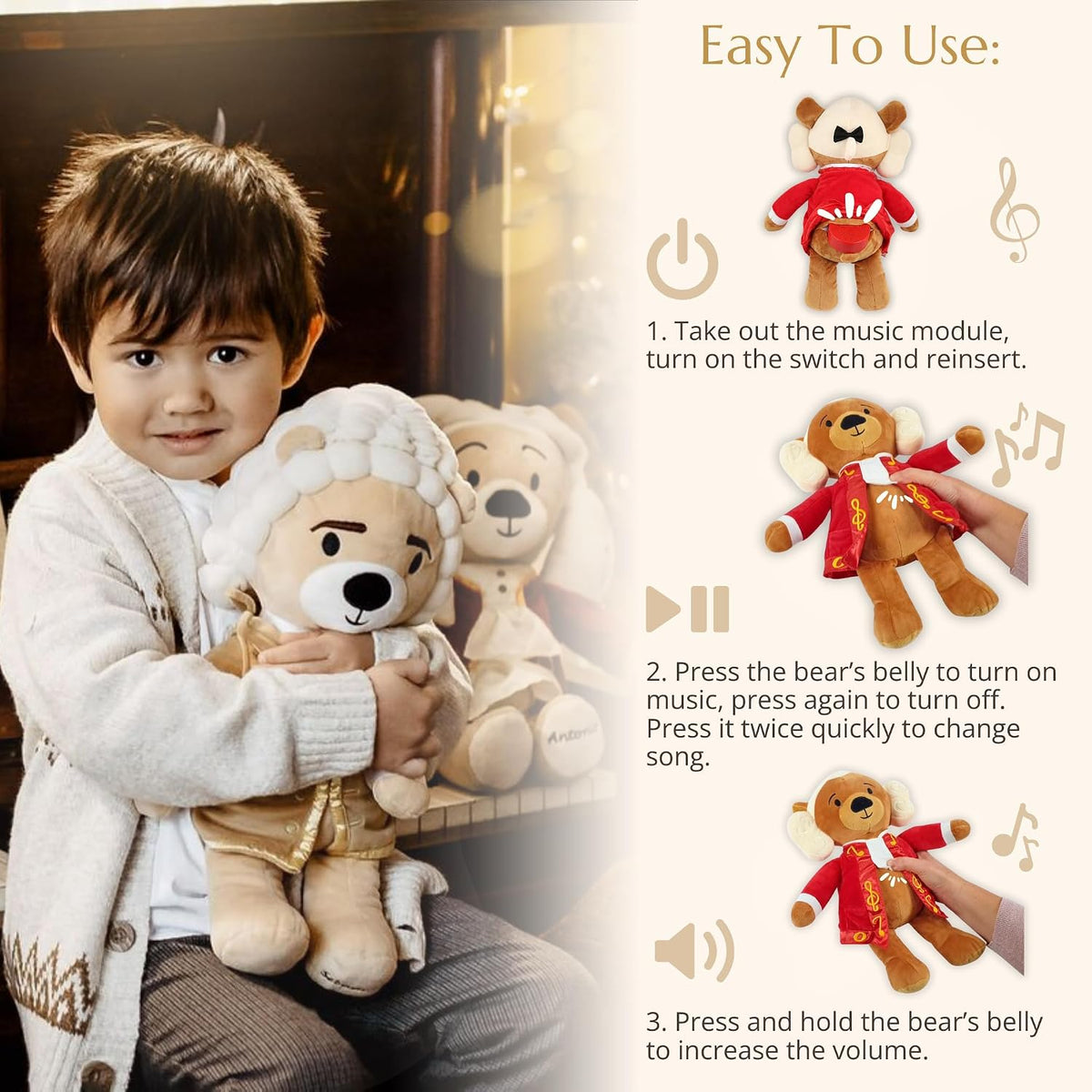 Vosego Bach Virtuoso Bear - Juguete de peluche de doble modo con mú...