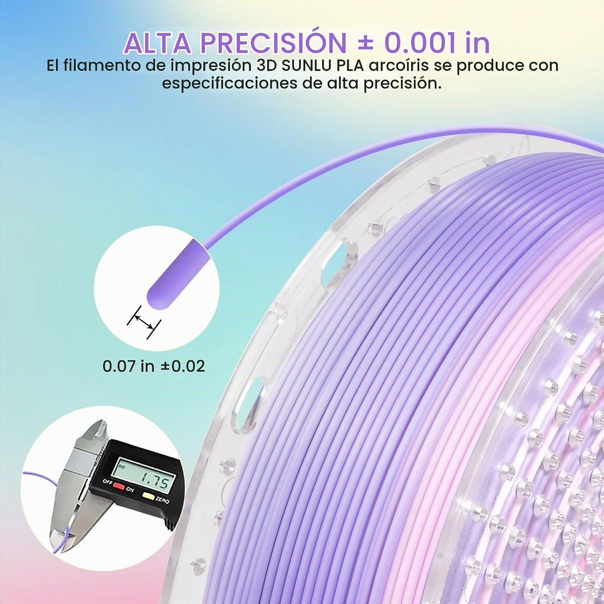 SUNLU Filamento para impresora 3D, filamento PLA arcoíris de 0.07 i...