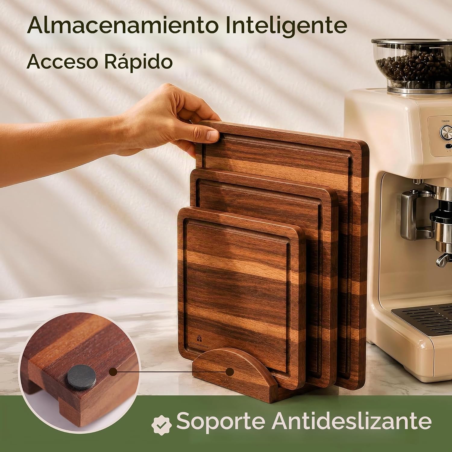 Juego de 3 tablas de cortar de madera de acacia con soporte, ranura...