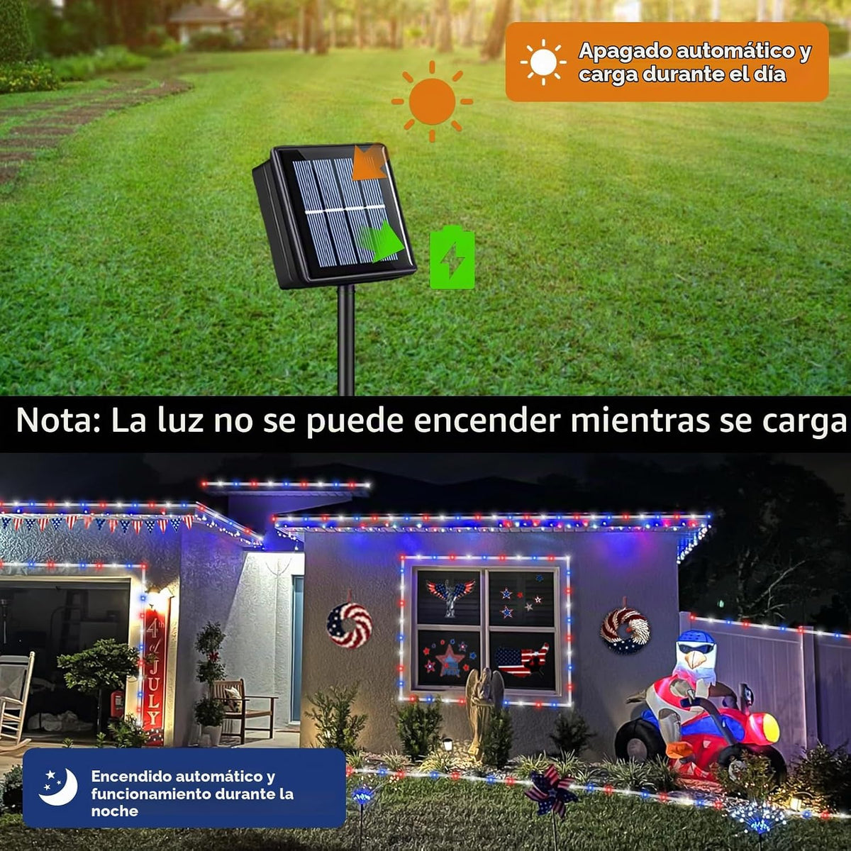 QITONG Cuerda de luces solares rojas, blancas y azules, 66 pies, 20...