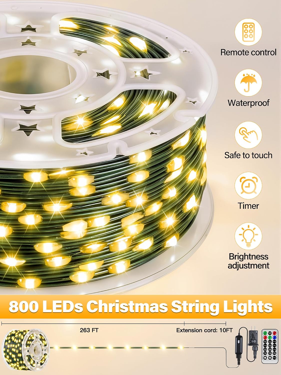800 luces LED de Navidad de 263 pies IP67 impermeables, blanco cáli...