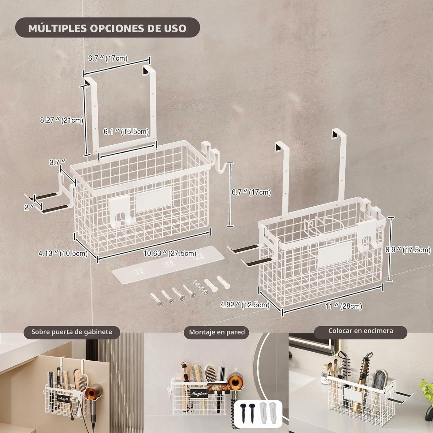 Magheo Soporte para secador de pelo con puerta de gabinete 3 en 1,...