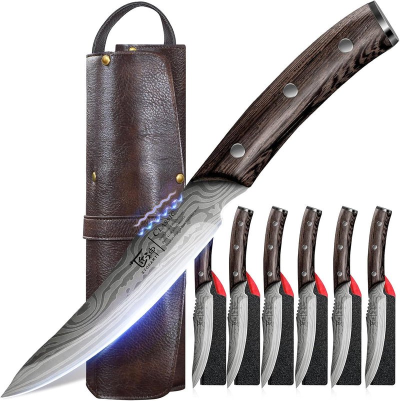 SYOKAMI Juego de 6 cuchillos para carne con rollo de cuero portátil...