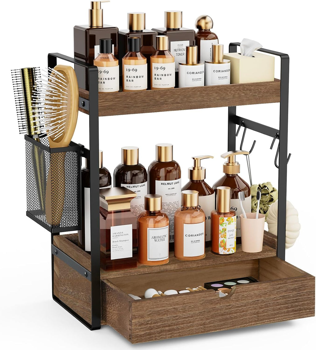 Organizador de mostrador de baño de 2 niveles con cesta de cajón y...