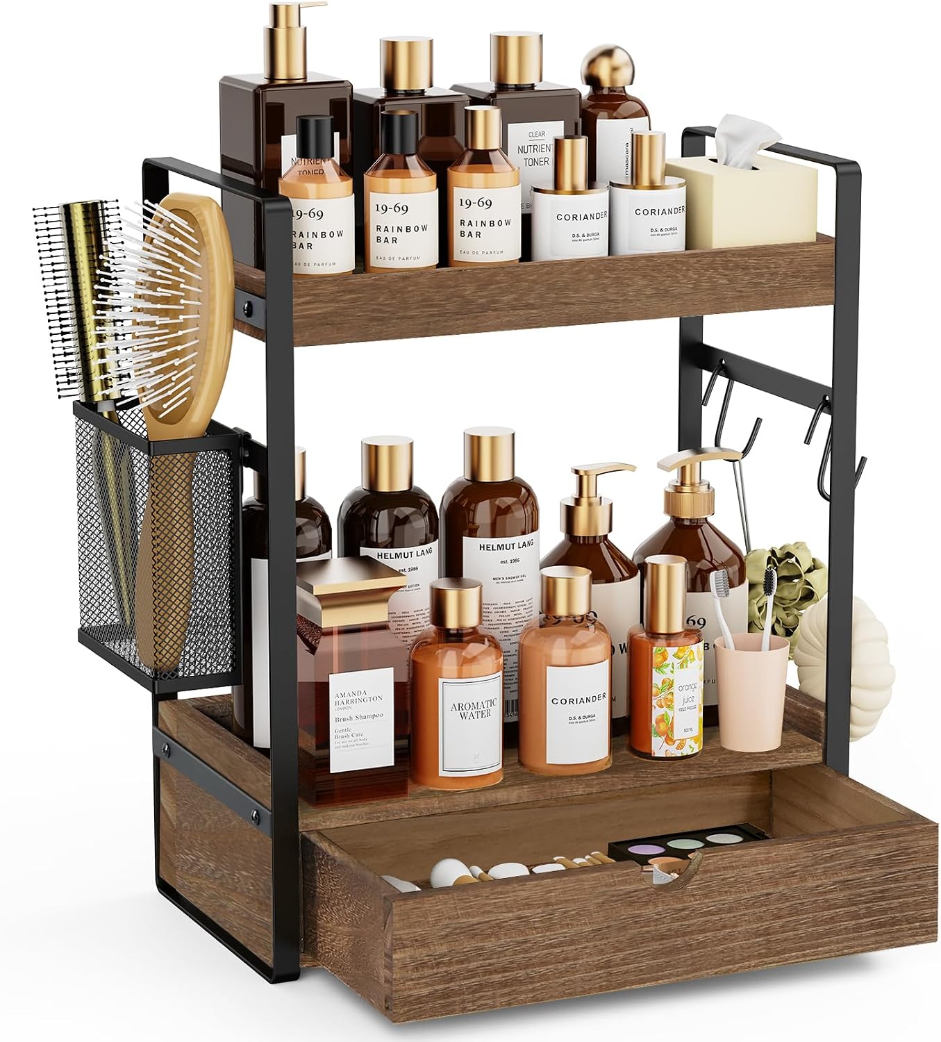 Organizador de mostrador de baño de 2 niveles con cesta de cajón y...