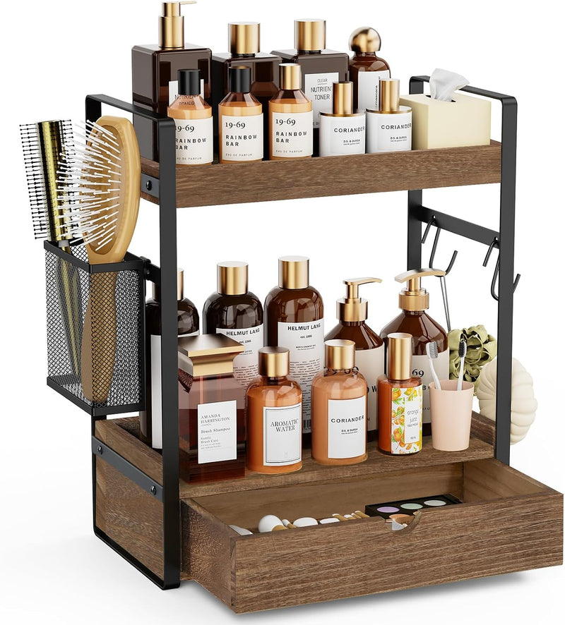 Organizador de mostrador de baño de 2 niveles con cesta de cajón y...