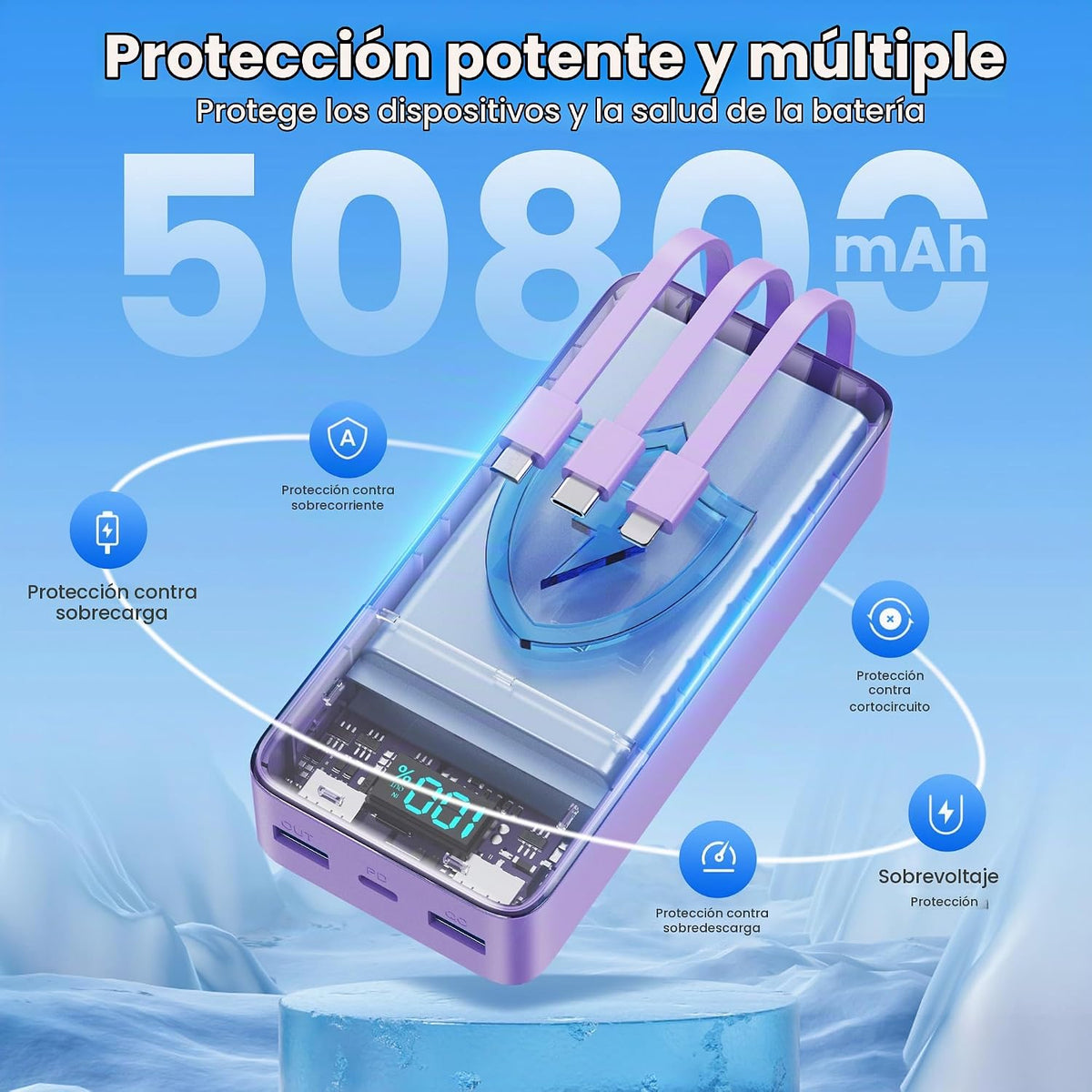 Cargador portátil de 50800 mAh con 3 cables integrados, 25 W PD QC4...